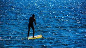 a person paddling in a lake